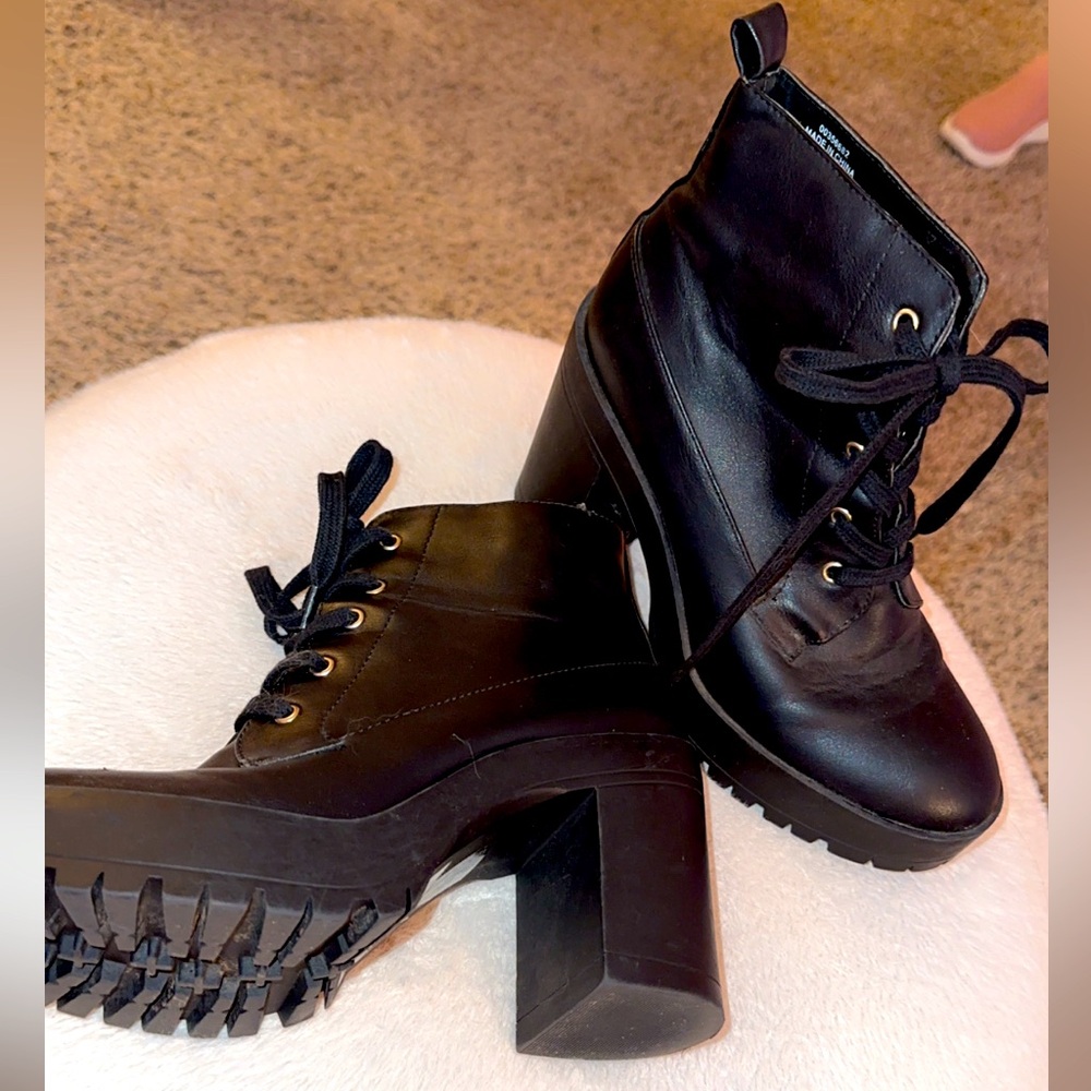 Heeled Black Combat Boots; New.